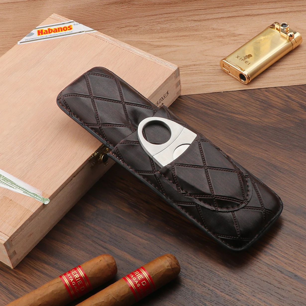 Xifei 2 Slots Leather Cigar Case Set Portable Humidor Box W/ Stainless Steel Cutter Travel Smoking Cigarette Storage Accessories