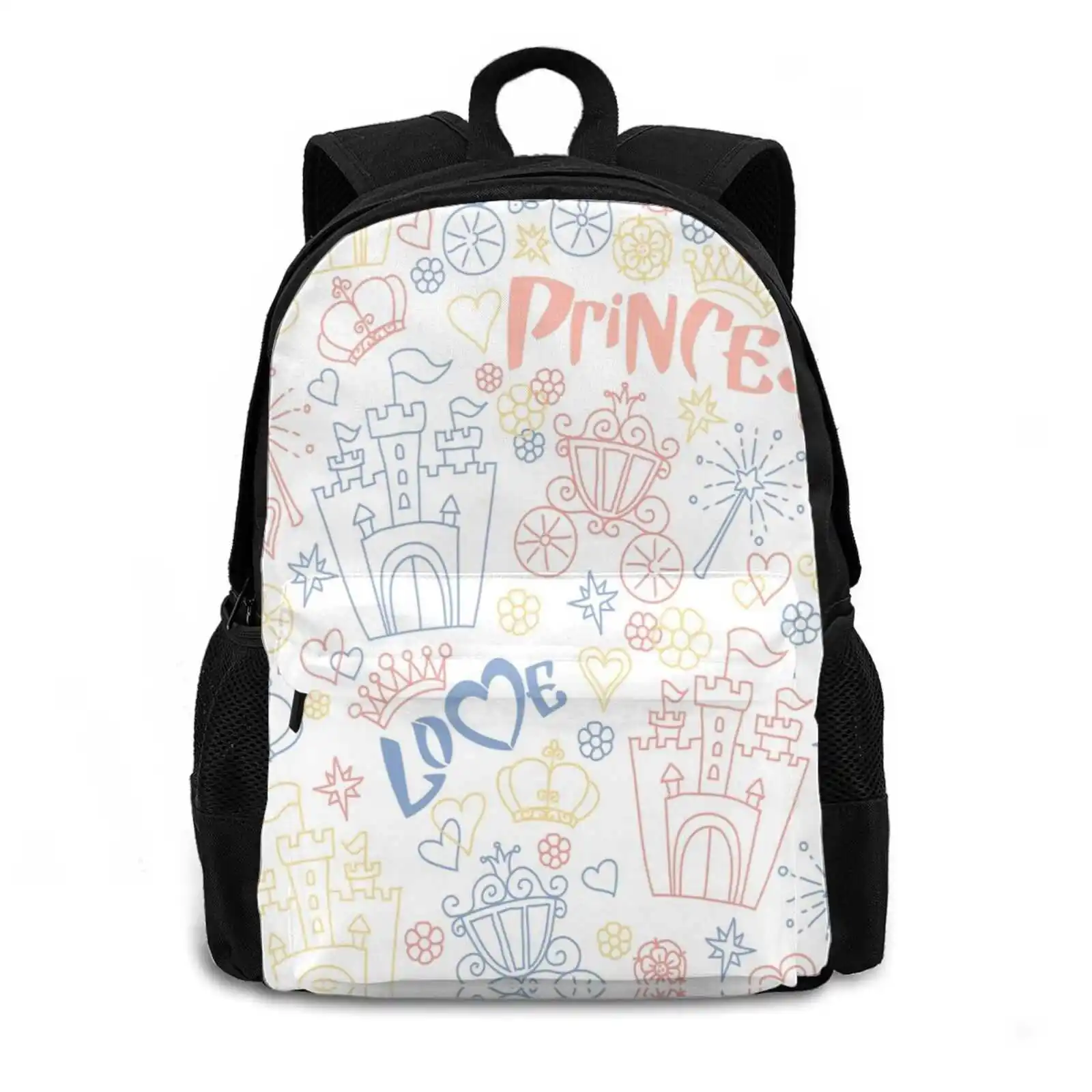 Pattern Of Little Princess Doodles 467D Print Design Backpack Student Bag Background Beautiful Castle Charming Childhood