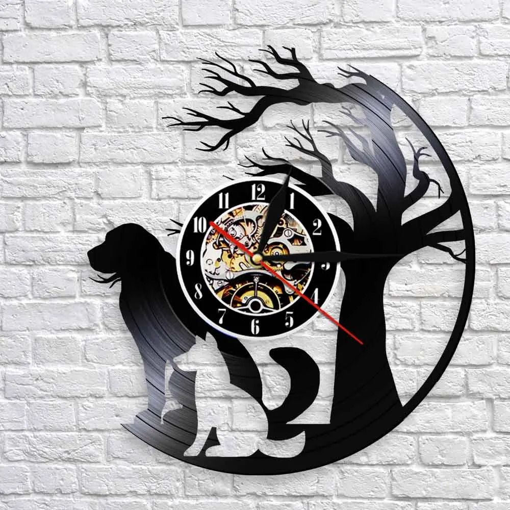 Cute Dogs under The Tree 3D Wall Clock Modern Design Puppy Animal Vinyl Record Wall Clock Watches Art Decor For Living Room