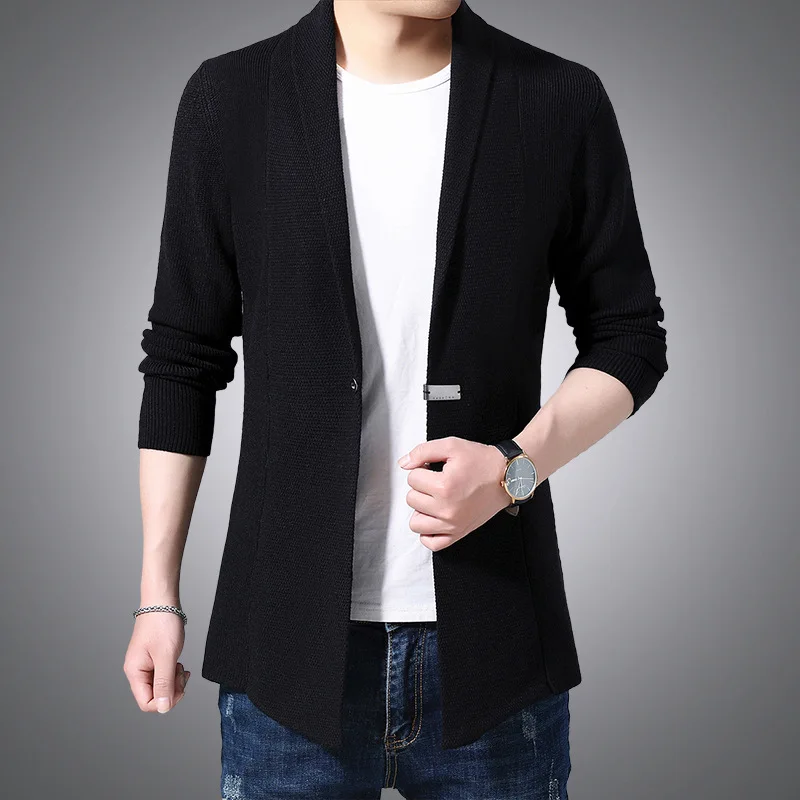 Spring Men's  Knit Sweater Jackets Mid-length Wool Sweater Coat Solid Color Casual Outer Wear Sweater