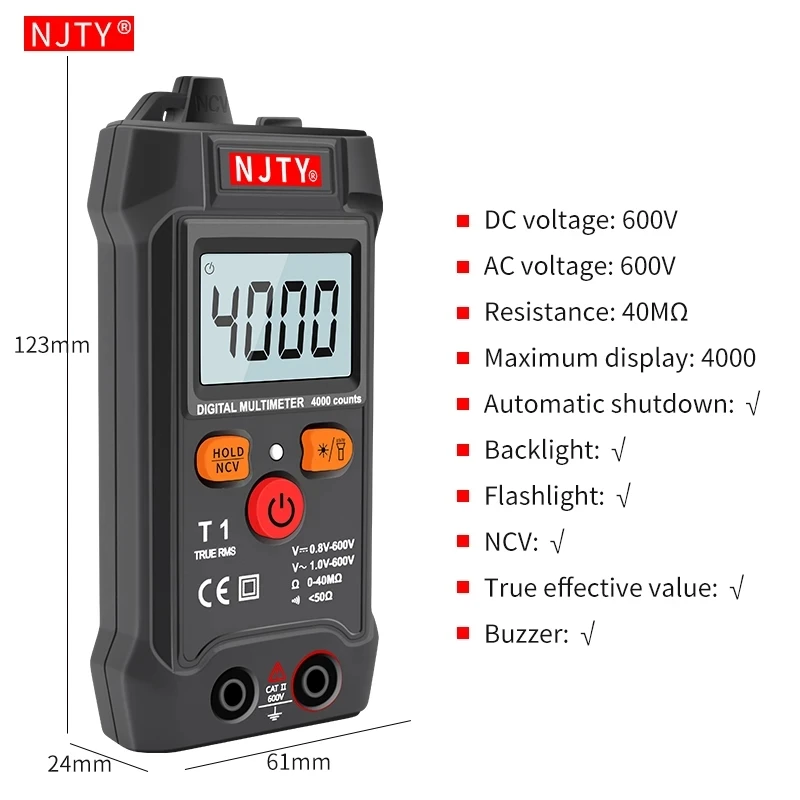 NJTY T1 Mini Digital Multimeter 4000 Counts Auto Ranging TRMS AC/DC Voltage resistance NCV with Backlight+flashlight Multi metro