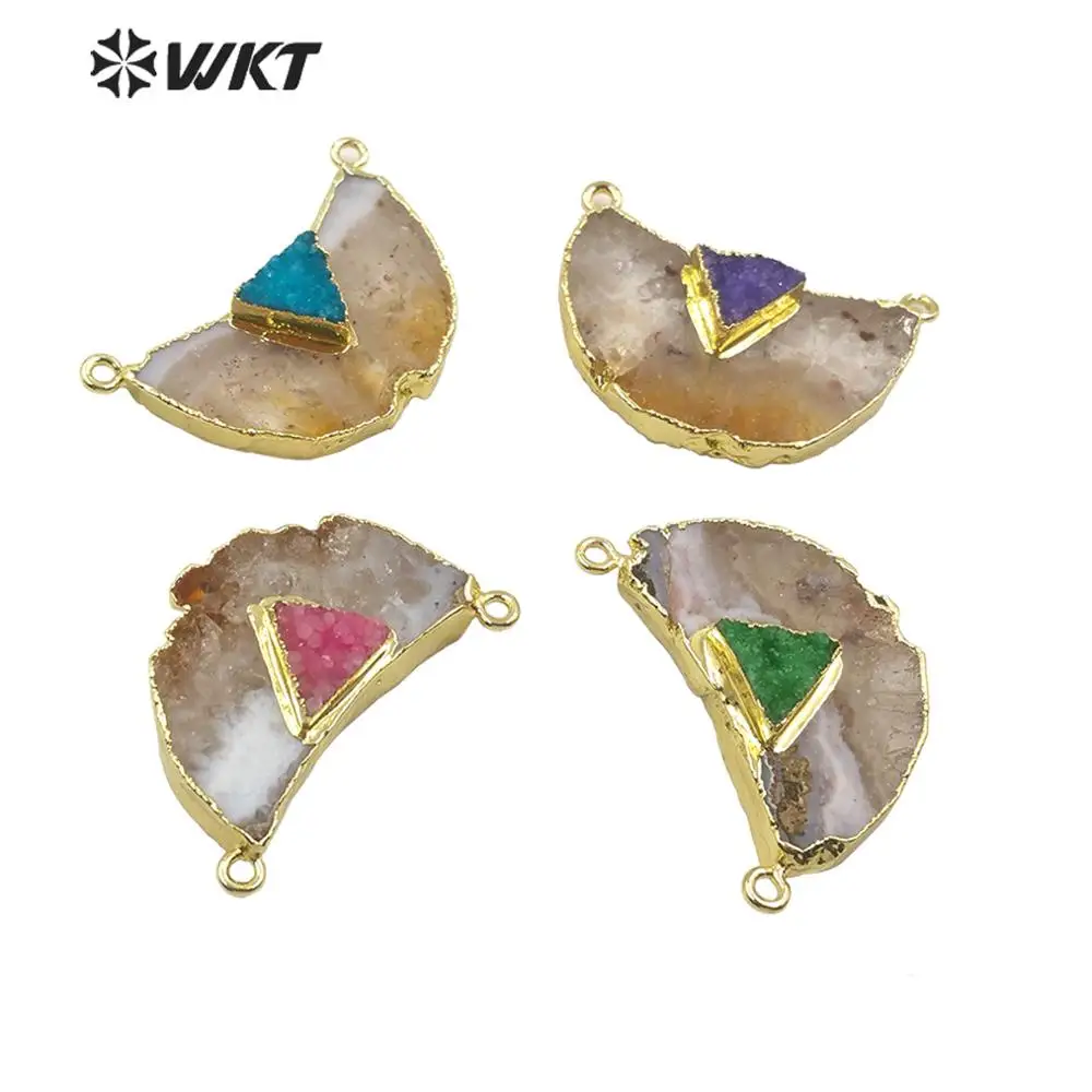 

WT-P1514 Crescent natural yellow stone pendant colorful triangle gem stone with gold electroplated double loops fashion pendant