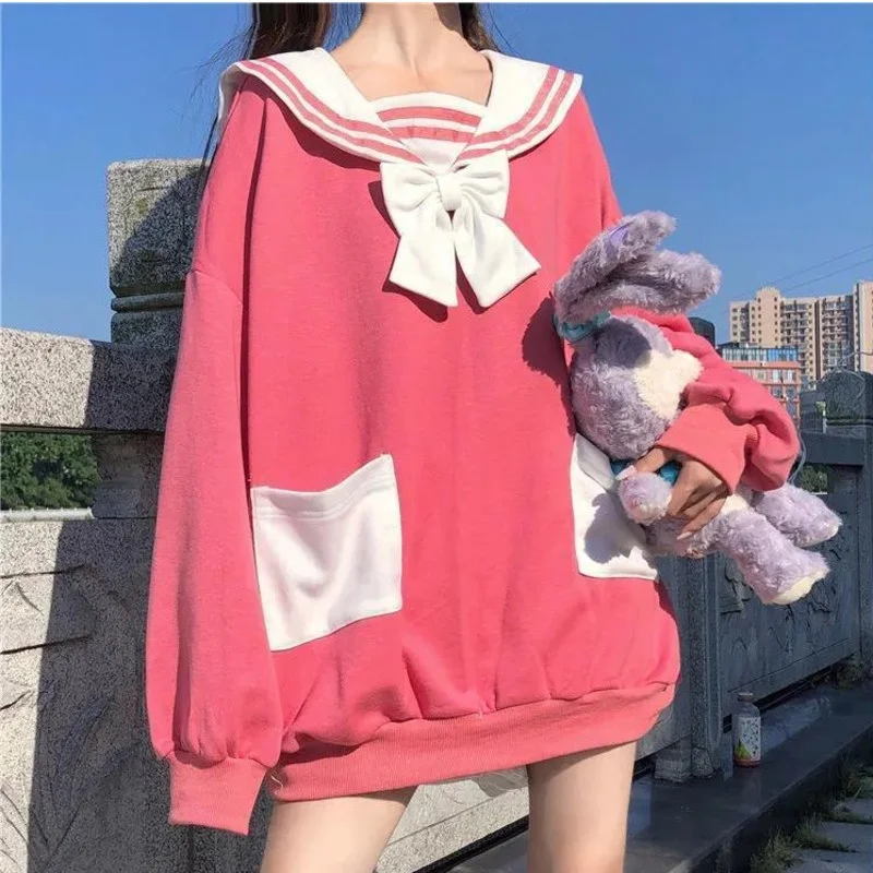 Autumn Lolita Style JK Women Bowknot Sweatshirts Kawaii Rabbit Long Ears Sailor Collar Hoodies Oversized Loose Pullovers Top