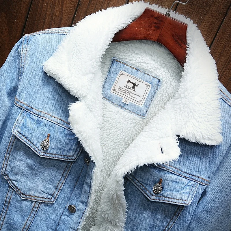 Men Light Blue Winter Jean Jackets Outerwear Warm Denim Coats Men Big Size Wool Liner Thicker Jaqueta Black Thick Overcoat 6XL