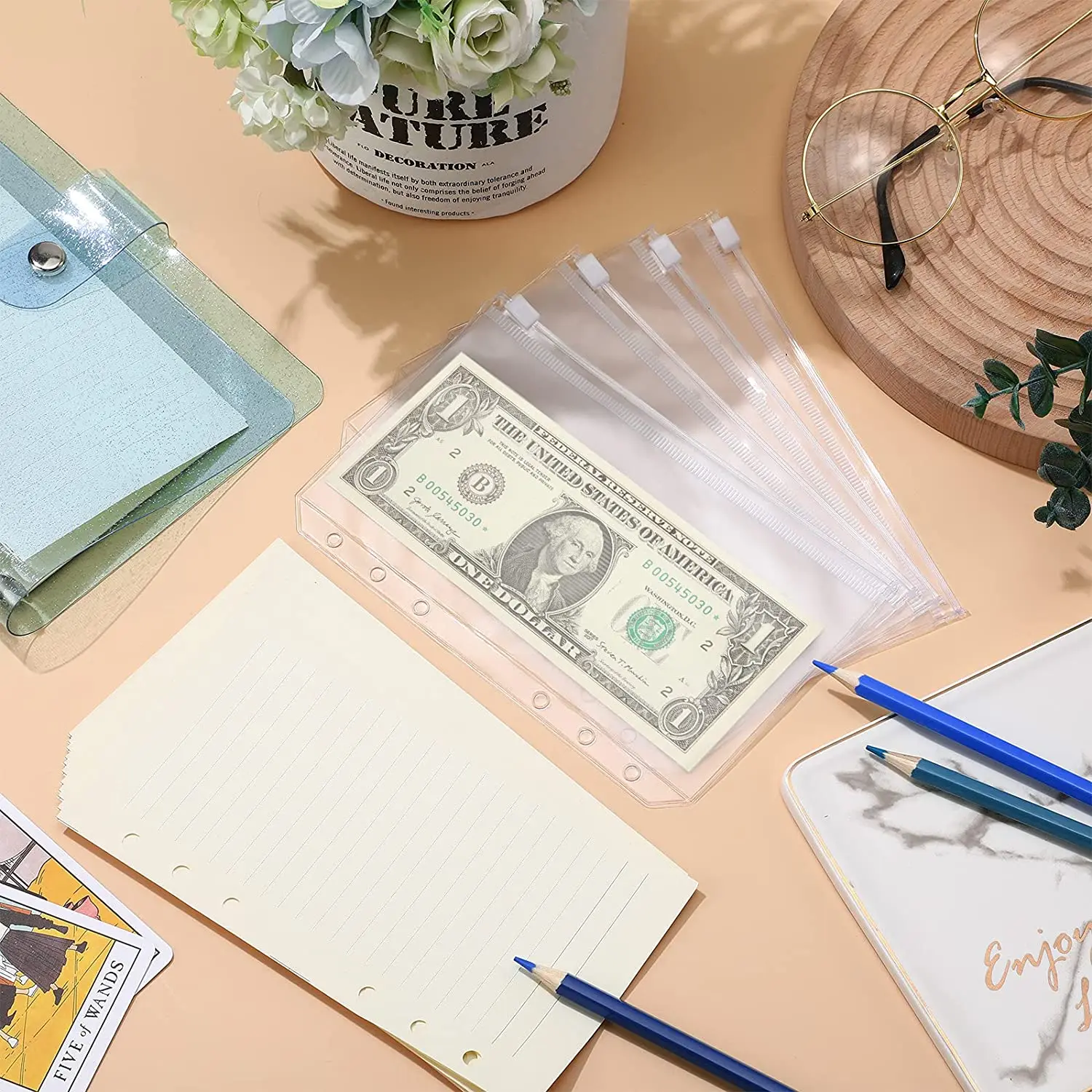 A6 Soft PVC Binder Budget Notebook Planner with Snap Button Closure and 12 Binder Pockets Zipper Folders 1 Pack Refillable Paper