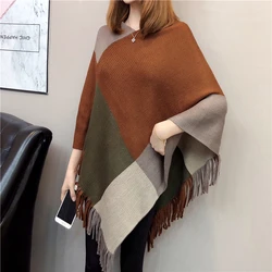 Poncho à col en V rayé pour femme, pull femme, ourlet irrégulier, décontracté, café, pompon, hiver, automne, sexy