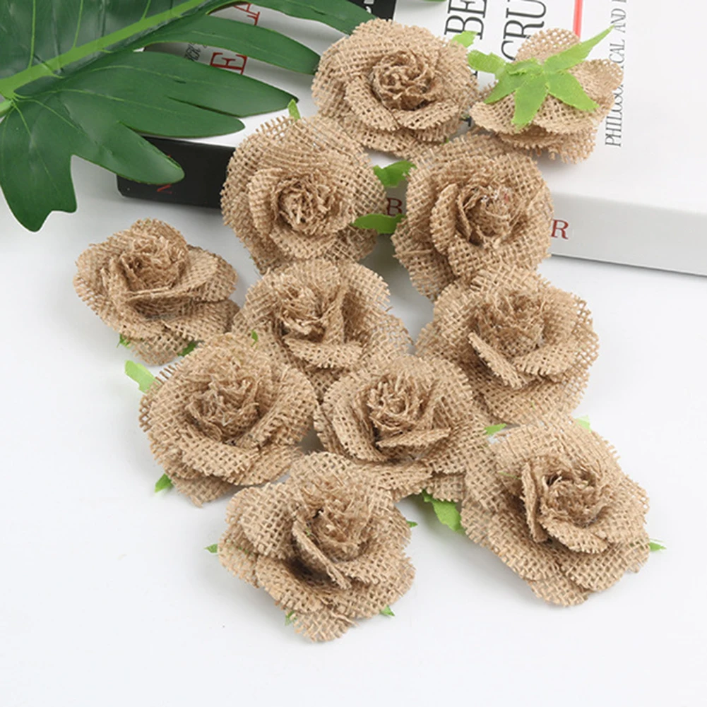wedding party decoration linen flower 10Pcs Burlap Christmas Flower Rose Handmade DIY Rustic Wedding Xmas Party Decor