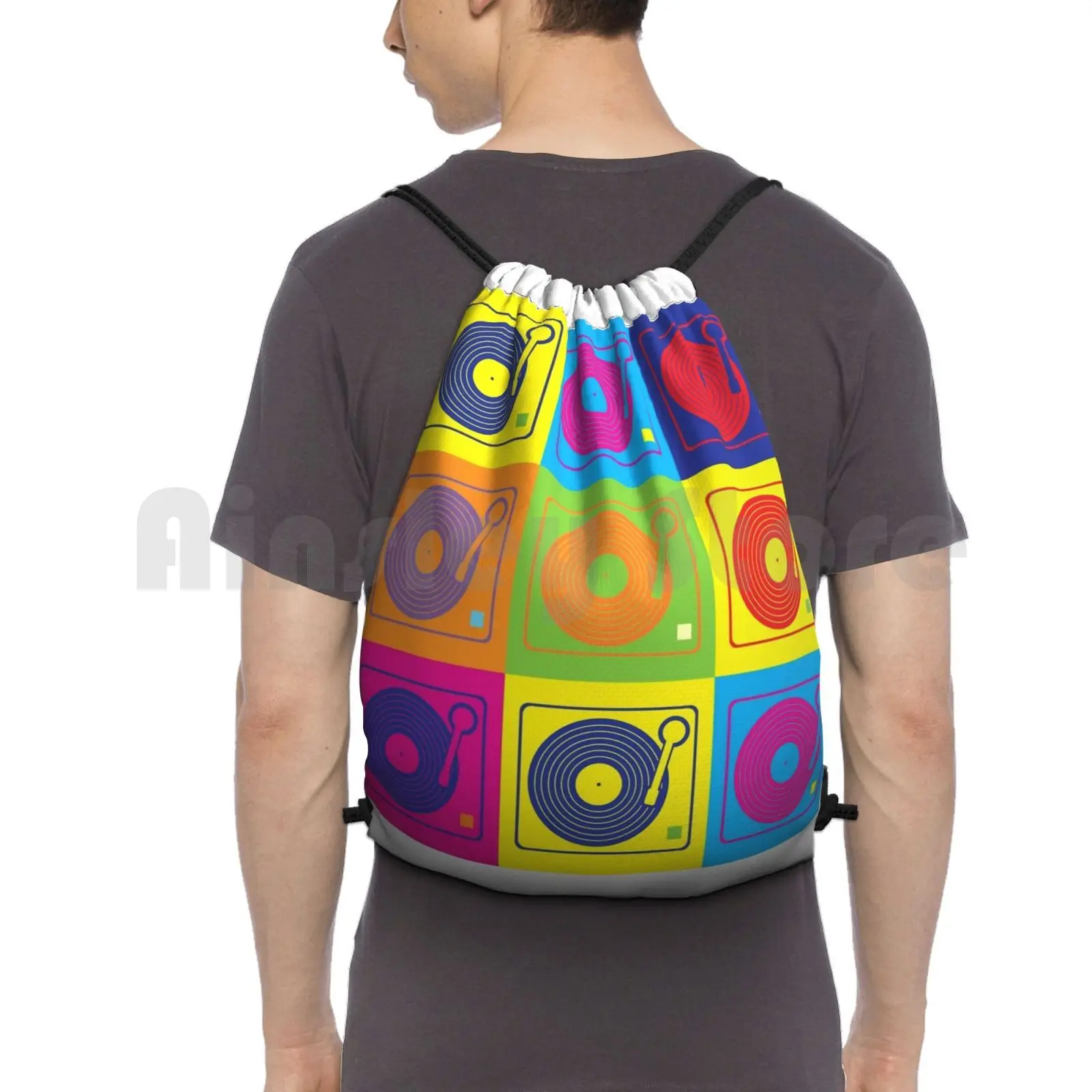 Vinyl Record Turntable Pop Art 2 Backpack Drawstring Bag Riding Climbing Gym Bag Music Dj Records Turntable Phonograh Vinyl