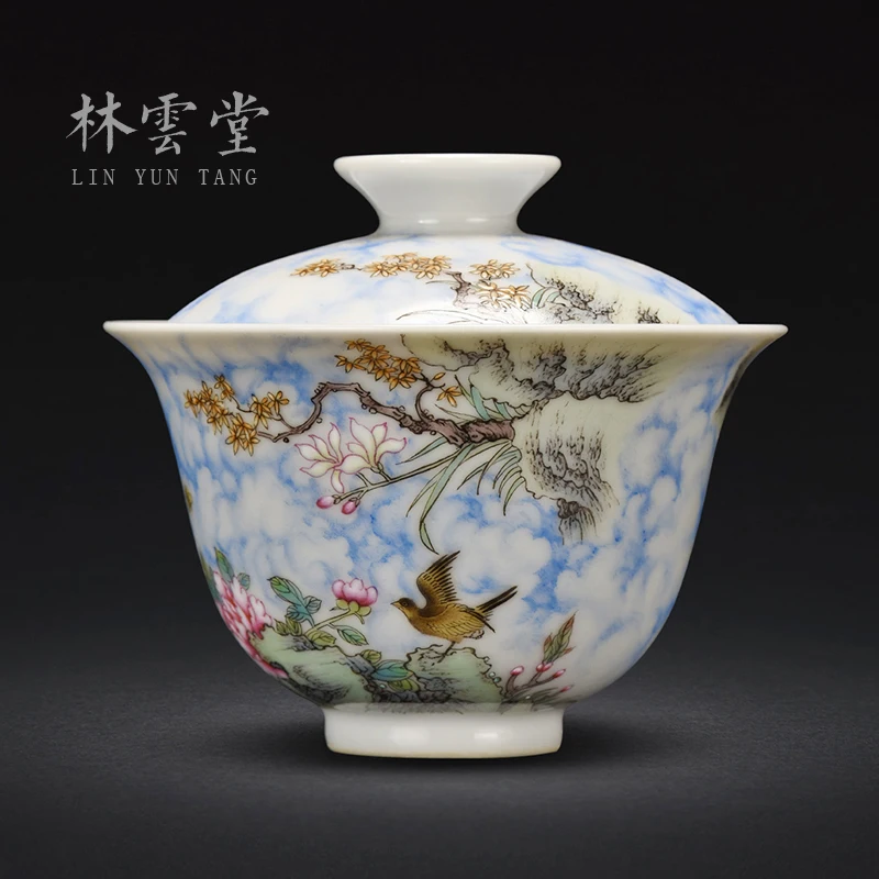 Lin Yuntang jingdezhen tureen pastel painting of flowers and small tureen tureen cup small bowl of high-grade tea