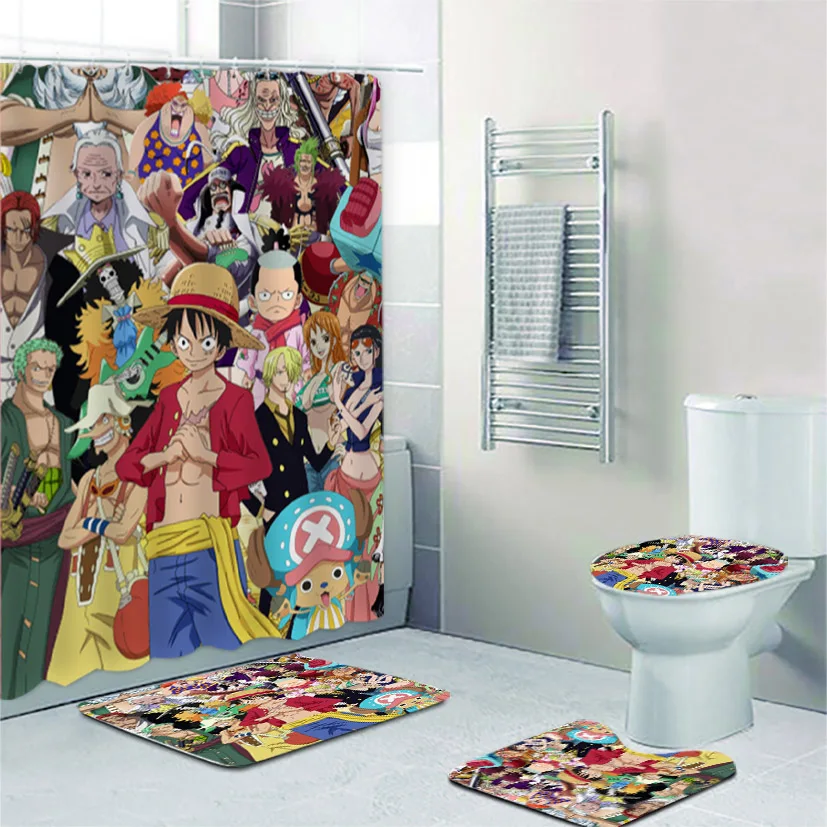 Cool Anime One Piece Chopper Luffy Hat Shower Curtain and Bath Rug Set for Kids Bathroom Boy Bath Curtain Mats Toilet Home Decor