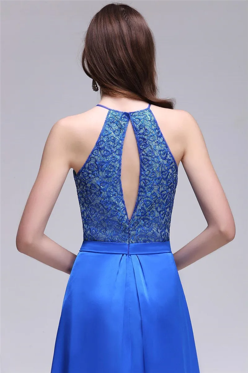 A-line Sequins Royal Blue Long Lace Evening Dress Long Luxury 2021 Halter Neck Vestido De Festa Sexy Backless Evening Gowns