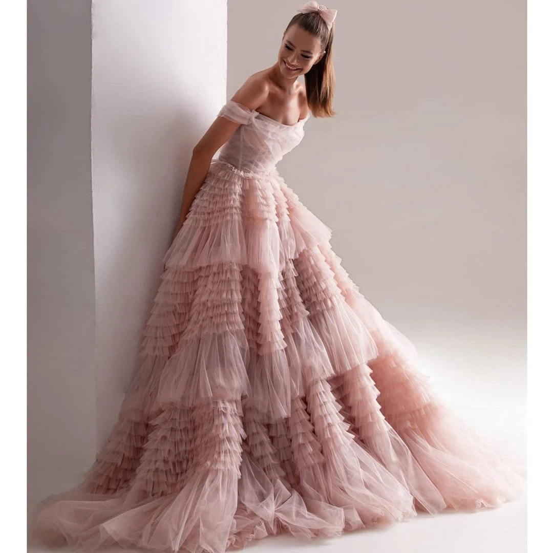 New Fashion Ball Gown Evening Dresses Off The Shoulder Corset Layered Puffy Tulle Long Wedding Prom Dress Luxury Plus Size 2022