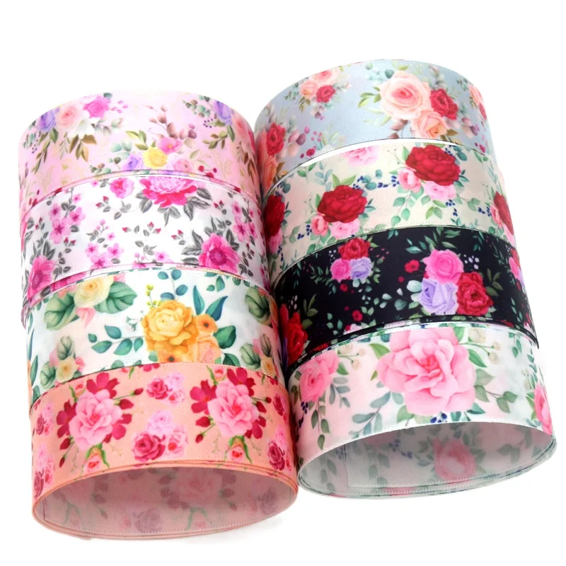 DHK 25mm 5yards Blumen Floral Rose Gedruckt Einseitiges Satin Seidenband Zubehör Hairbow Dekoration DIY Großhandel OEM C1897