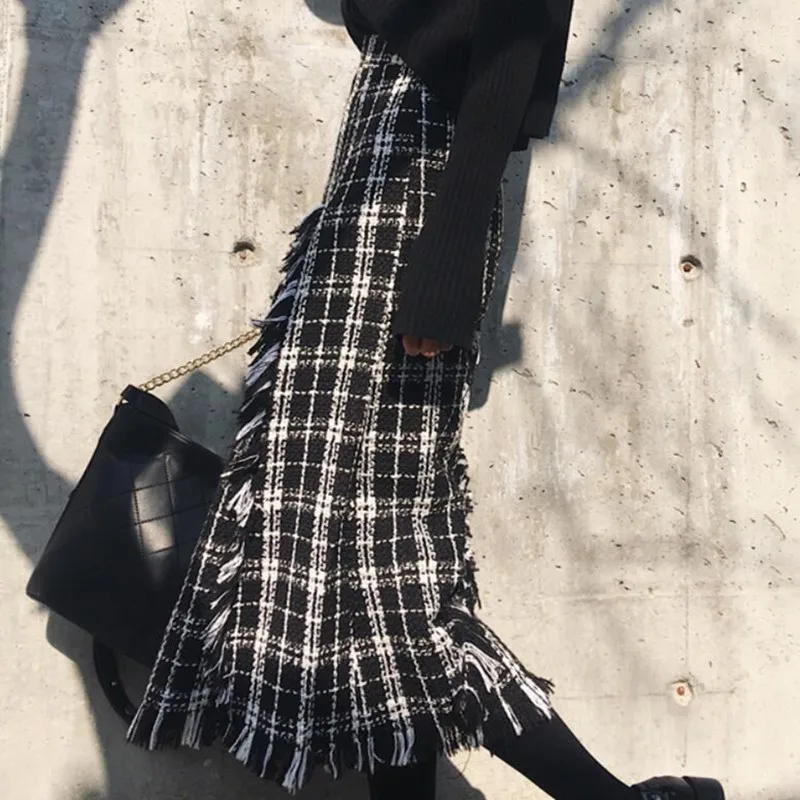 

vintage plaid tassel woolen skirt women autumn winter high waist small fragrance a-line skirt