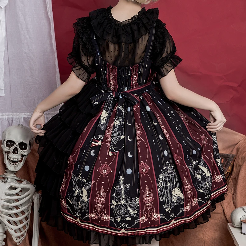 Black thorn rose jsk camisole Gothic palace sweet princess lolita dress vintage falbala high waist printing victorian dress set