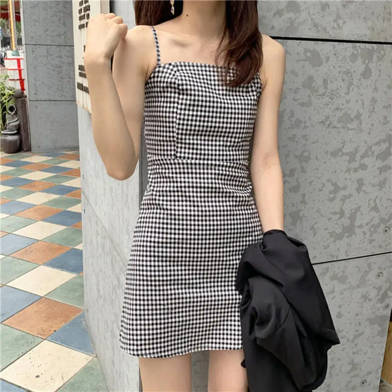 Plaid Italian thin shoulder sling square neck sexy slim fitting pencil skirt 2021 summer new retro Plaid print Party Club Dress