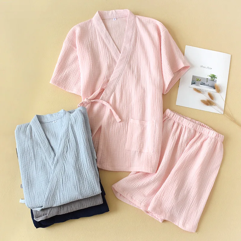 Summer Cotton Crepe Pajamas Women's Short-Sleeved Shorts Pyjamas Women V-Neck Kimono Pijamas Thin Sleepwear 2 Piece Home Clothes