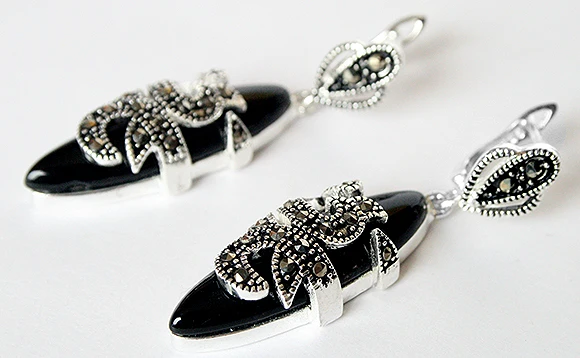 

11/2" New 925 Sterling Silver & Marcasite inlay Natural BlackNatural jade fashion Earrings