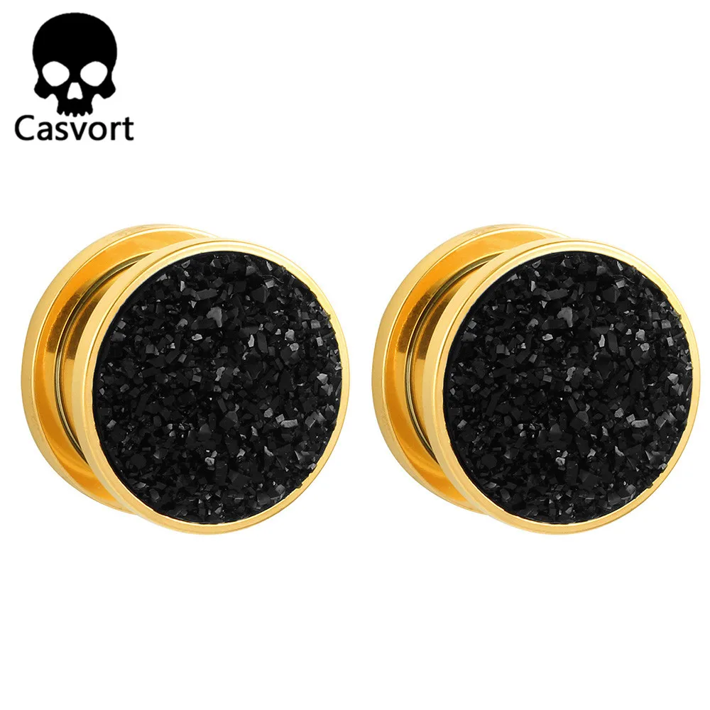 Casvort 2PCS Fashion Resin Stone Golden Ear Plugs Tunnels Piercing Body Jewelry Gauges Expander Pair Selling Daily Simple