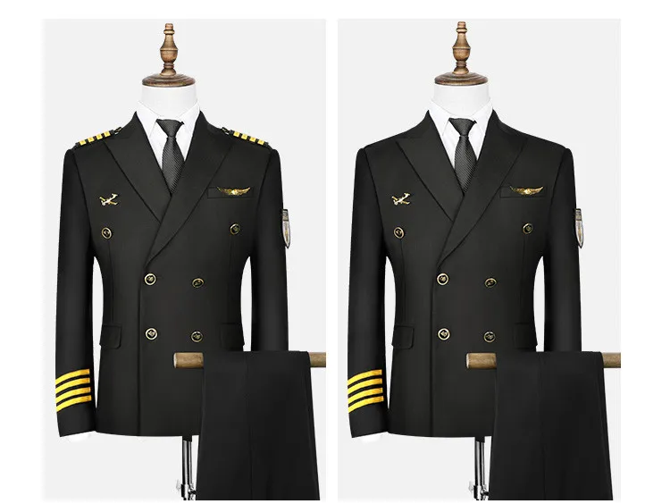 Men\'s 4 Lines Airline Pilot Suit Jackets Uniforms Hair Stylist Black Navy Blue Suit Coat Workwear Big Size Male