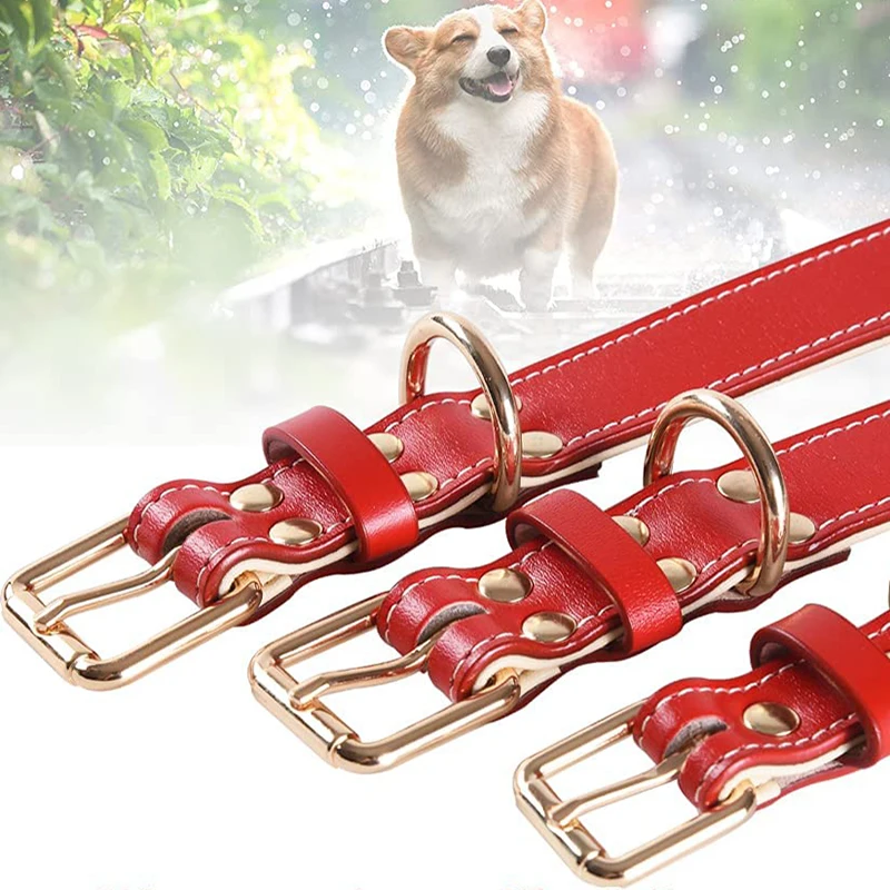 Genuine Leather Dog Collar Soft Padded Collars for Large Medium Small Breed Dogs RED color