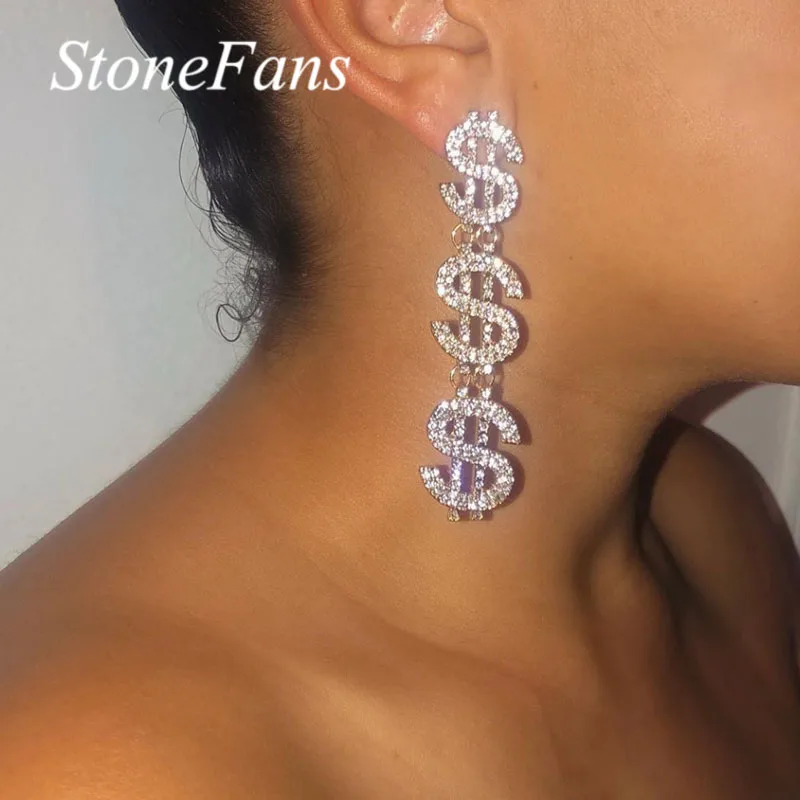 StoneFans Bling dollar Sign bling money earrings for Women Rhinestone Vintage Drop Dangle Earrings Crystal Jewelry Accessories