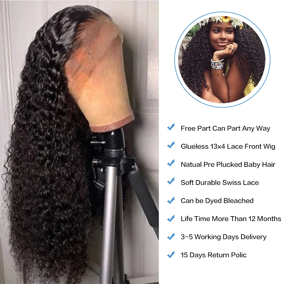 Perruque Lace Frontal Wig frisée brésilienne naturelle, cheveux frisés, 13*4, Deep Curly, pour femmes