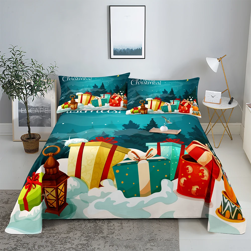 

Christmas Present 0.9/1.2/1.5/1.8/2.0m Digital Printing Polyester Bed Flat Sheet With Pillowcase Print Bedding Set