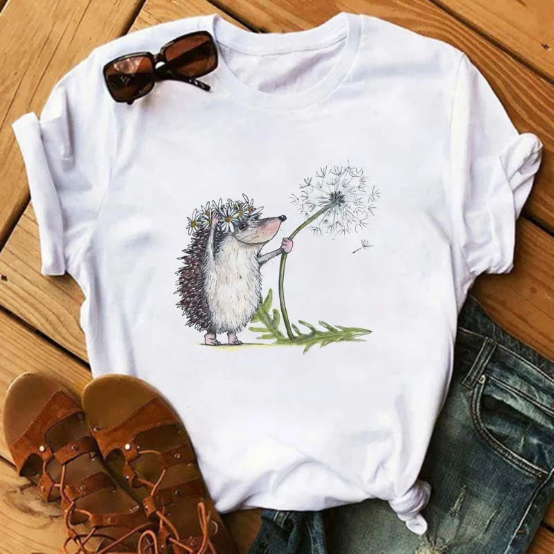 Maycaur Cute T-shirt Female Hedgehog Dandelion Print Tshirt Summer Casual Short Sleeves Tee Tops Kawaii Women Tshirt Streetwear