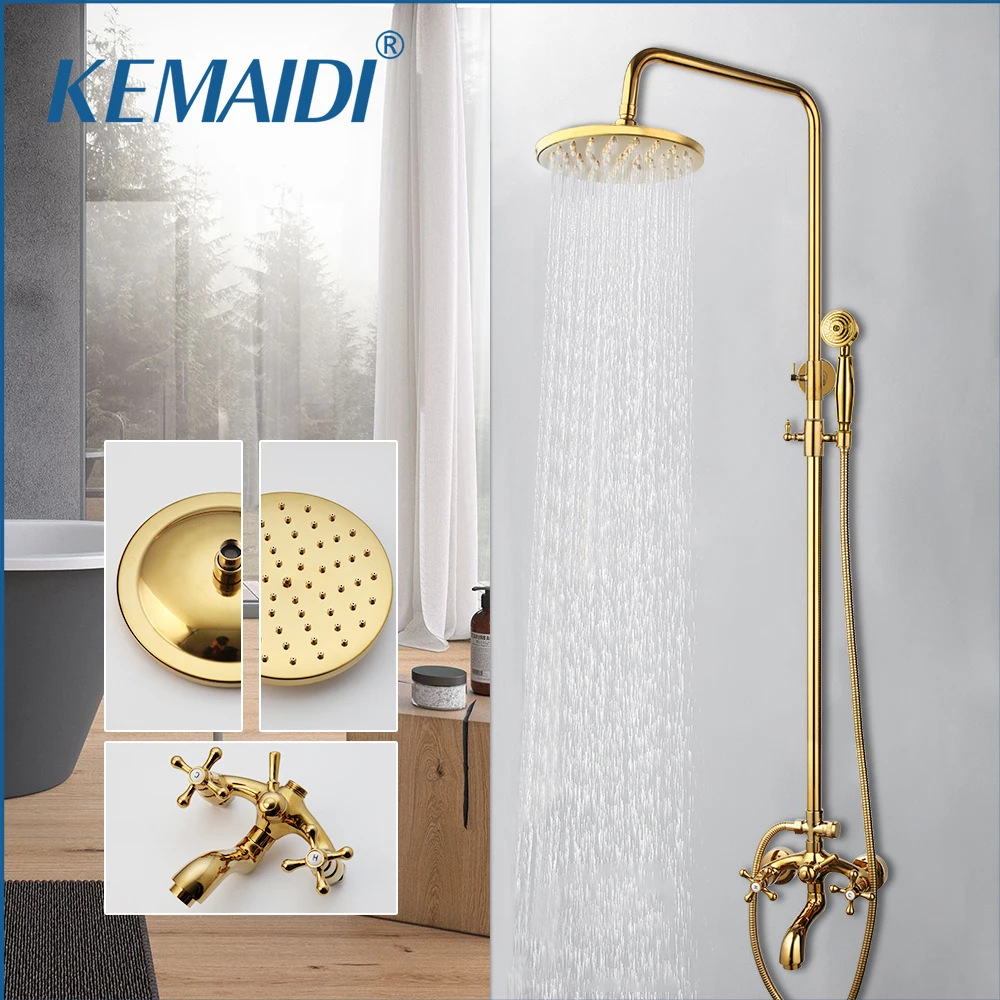 

KEMAIDI Gold Shower Faucet In Wall 8" Stainless Steel Rainfall Bath Shower Set Swivel Bath Spout Bathroom Shower Column Mixer