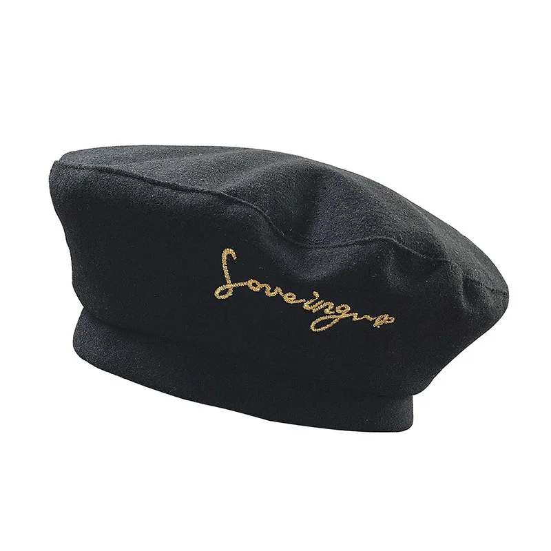 K97 Women Hat Beret Letter Embroidery Four Seasons Japanese British Fashion Retro Painter Cap Wild Octagonal Hat Casual Hat