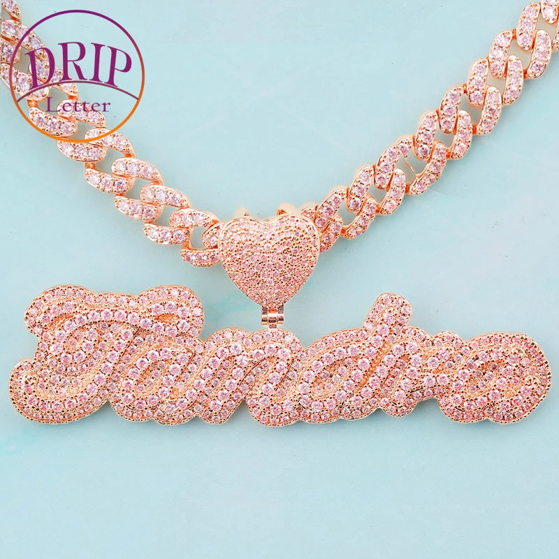 

Drip Letter Iced Custom Name Pendant Rose Gold Color Pink Stone Women Hip Hop Jewelry Wholesale Items for Business