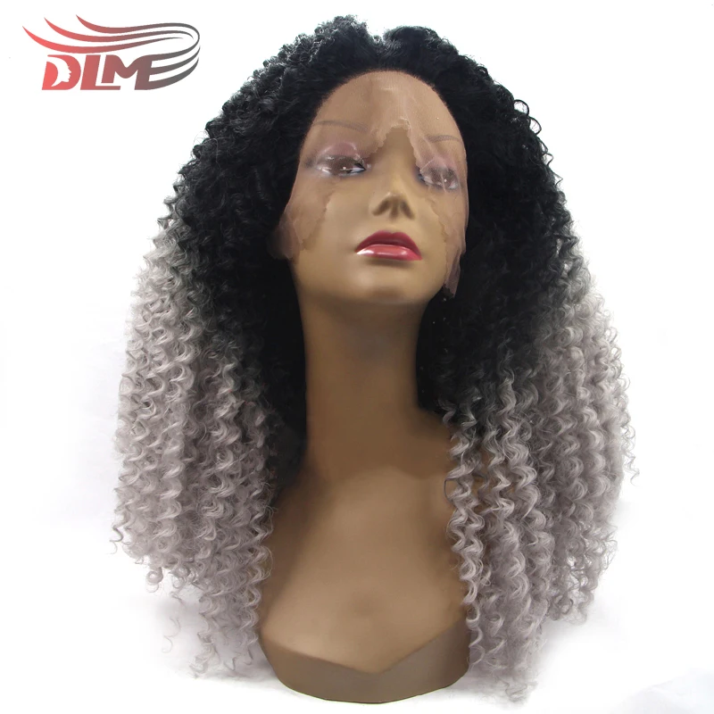 

DLME Synthetic Lace Frontal Wigs Afro Kinky Curly Ombre Brown Gray curly wig High Temperature Fiber For Black Women