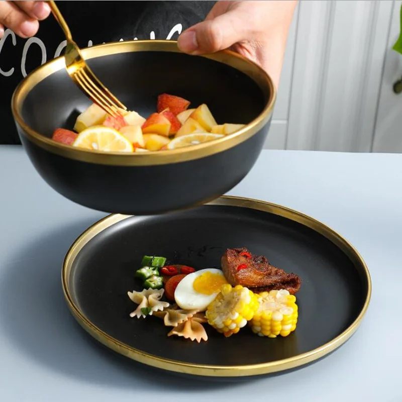 Gilt Rim Black Porcelain Dinner Plate Set Kitchen Plate Ceramic Tableware Food Dishes Rice Salad Noodles Bowl Cutlery Set 1p