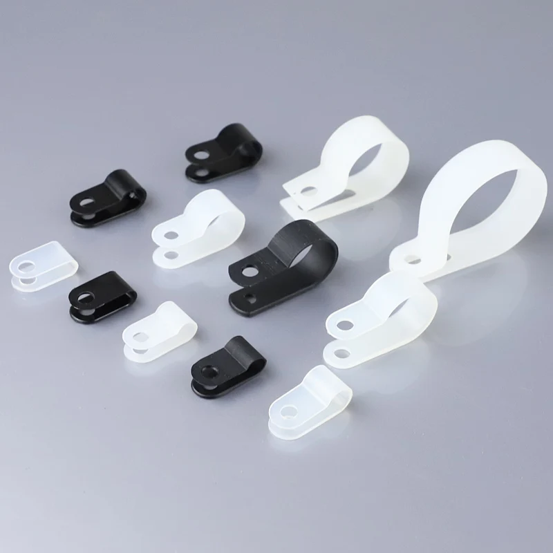 100PCS/lot  Clips Black Hose Fasteners Cable Durable R-Type Nylon Cable Clamp Mounting Fix Hardware Electrical Fittings