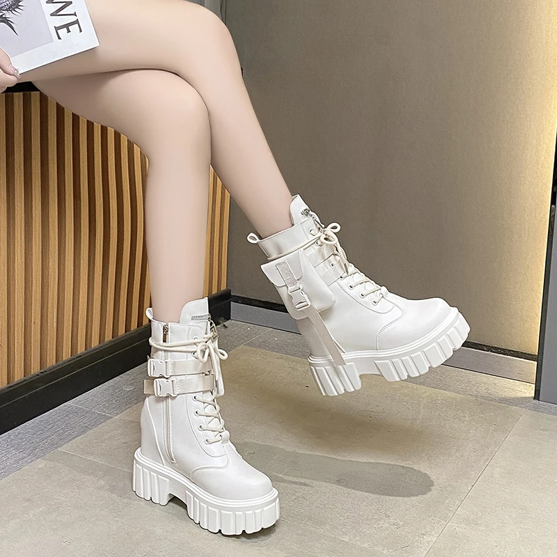 Inverno botas de tornozelo quente para as mulheres de couro botas curtas dedo do pé redondo alta plataforma de pele da motocicleta botas de salto