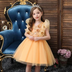 Child Temperament Embroidered Girl Party Dresses for Kids Yellow Noble Flower Girls Tutu Dress of 2-10 Years Old