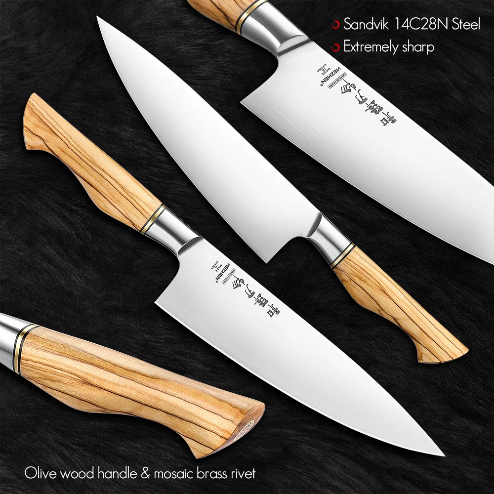 HEZHEN Master Series 8.3 Inches Sandvik 14C28N Steel Chef Knife  Kitchen Knives Olive Wood Handle