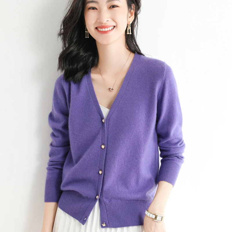 New Style Spring Autumn Cashmere Wool Women Sweater Casual Knit V-Neck Cardigan Warm Soft Wild High Quality Solid Color