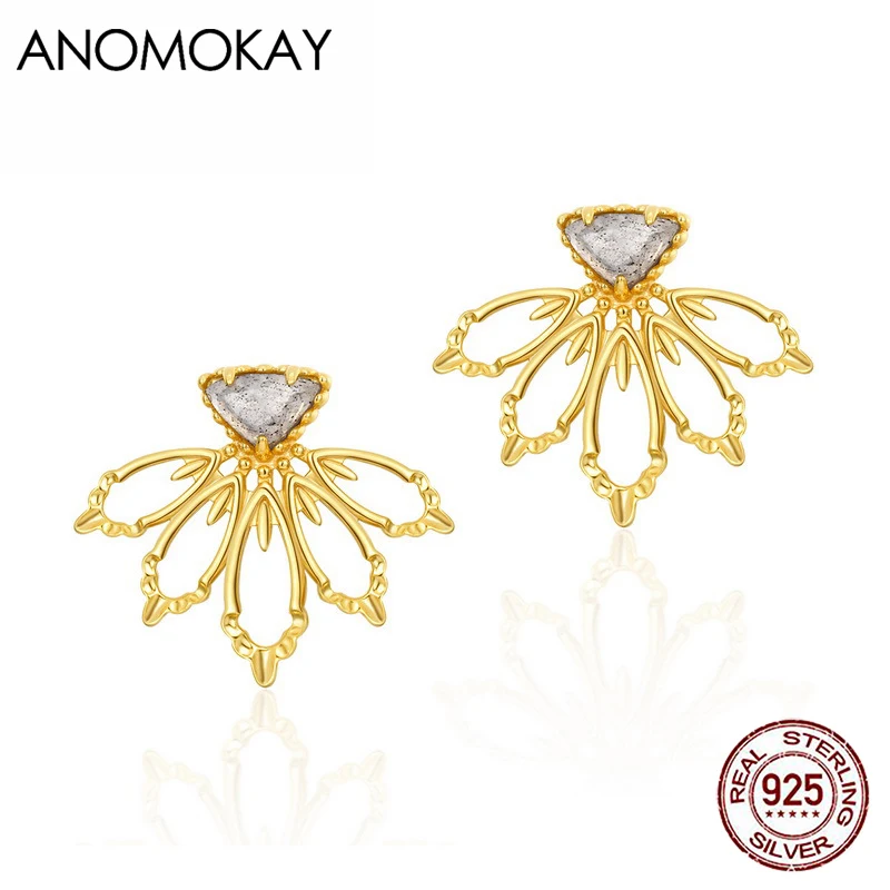 Anomokay Trendy Hollow Out Flower Gold Color Earrings for Party Engagemant 100% Sterling 925 Silver Openwork Earrings Jewelry