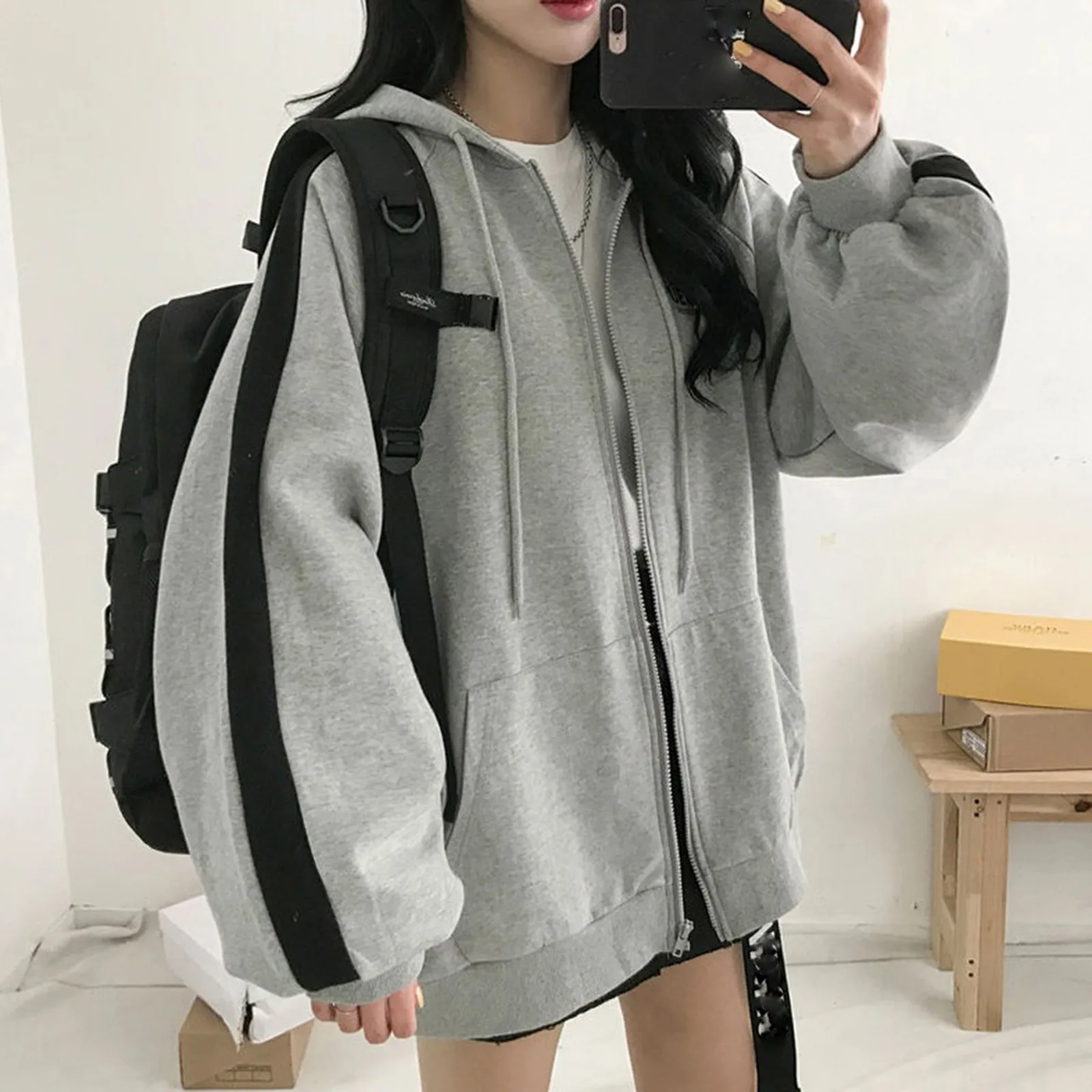 Women Hoodies Harajuku Hooded Oversized Hoodie Solid Long Sleeve Irregular Sweatshirt Loose Print Zip-up Tops Blouse Jacket Coat