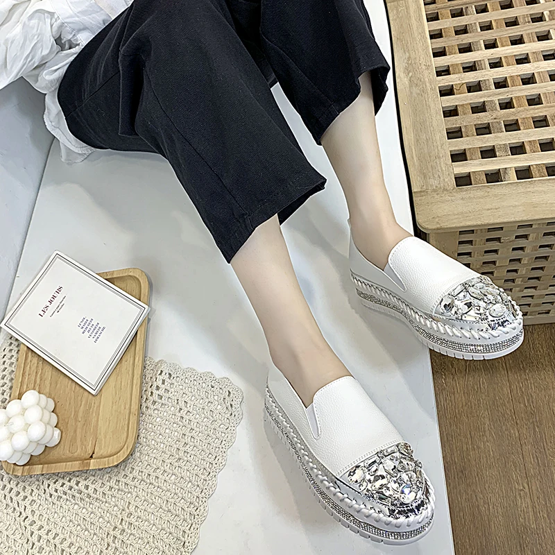 Aphixta Rhineston Round Toe Leather Flats Shoes Women White Bling Loafers Couple Platform Shoes Woman Chunky Sole Size 43