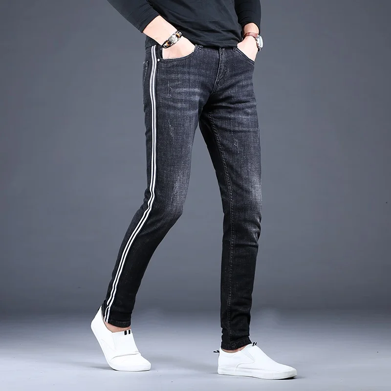 Men's Gray Black Side Stripe Jeans Fashion Stretch Denim Slim Fit Pencil Pants Korean Style Trousers