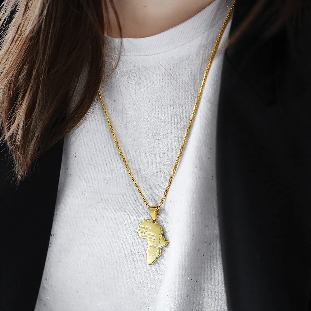 Pendant Necklace for Men Women Gold Color Africa Map Shape Pendant Box Link Chain Necklace Dropshipping DGP56A