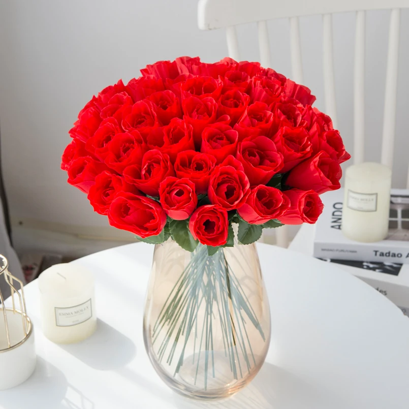 10 Stück rote Seidenrosen, Blumenstrauß, Vase, zur Dekoration von Wohnräumen, Gärten, für Feste, Hochzeiten, als Dekoration für Kränze, künstliche Pflanze, Großhandel, künstliche Blumen. – Detail 5