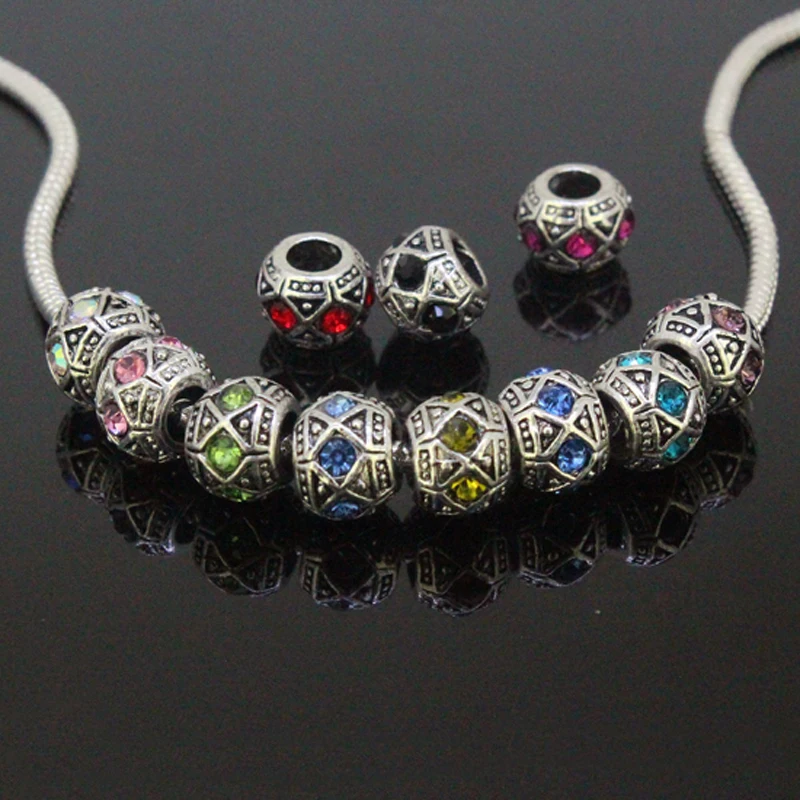 Wholesale 20pcs Tibetan Silver Cylinder Mixed Colors CZ Crystal Spacer European Big Hole Charms Beads For DIY Bracelet