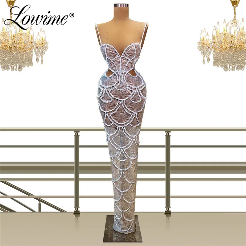 Lowime Pearls Spaghetti Straps Party Dress 2021 Illusion Long Arabic Prom Dresses Mermaid Evening Gown Robe De Soirée De Mariage