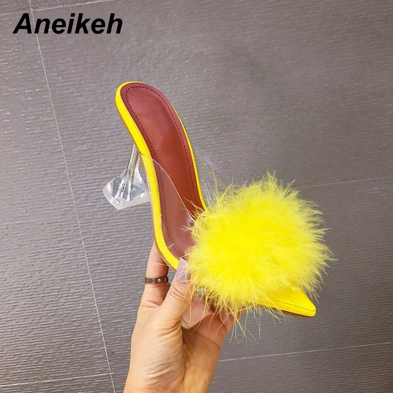 Aneikeh 2024 Summer Fashion Sandals Women PVC Open toe Fluffy Terlik Crystal  High Heels Lady Wedding Slip On Pumps Party Shoes