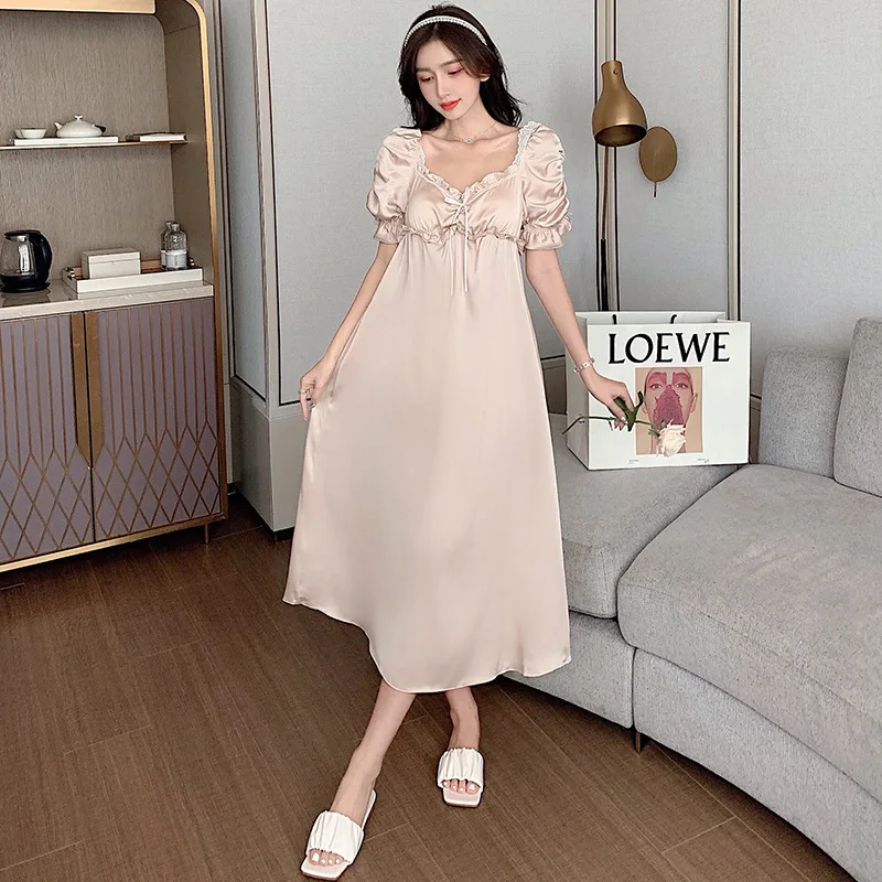 Female Nightgown Elegant Palace Style Princess Long Nightgown Sleepwear Summer Short Sleeve Sleepshirt Satin Silk Home Dress