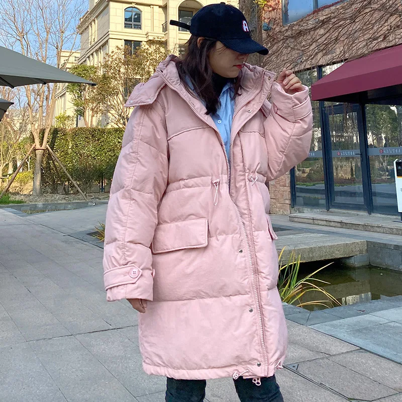 Women's down jacket white duck down long Korean version loose drawstring hat stand collar over knee stand collar trend coat